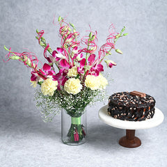 Orchids Carnations Glass Vase With Cake